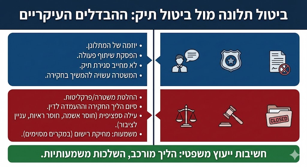 מה ההבדל בין ביטול תלונה למשטרה לבין ביטול תיק במשטרה