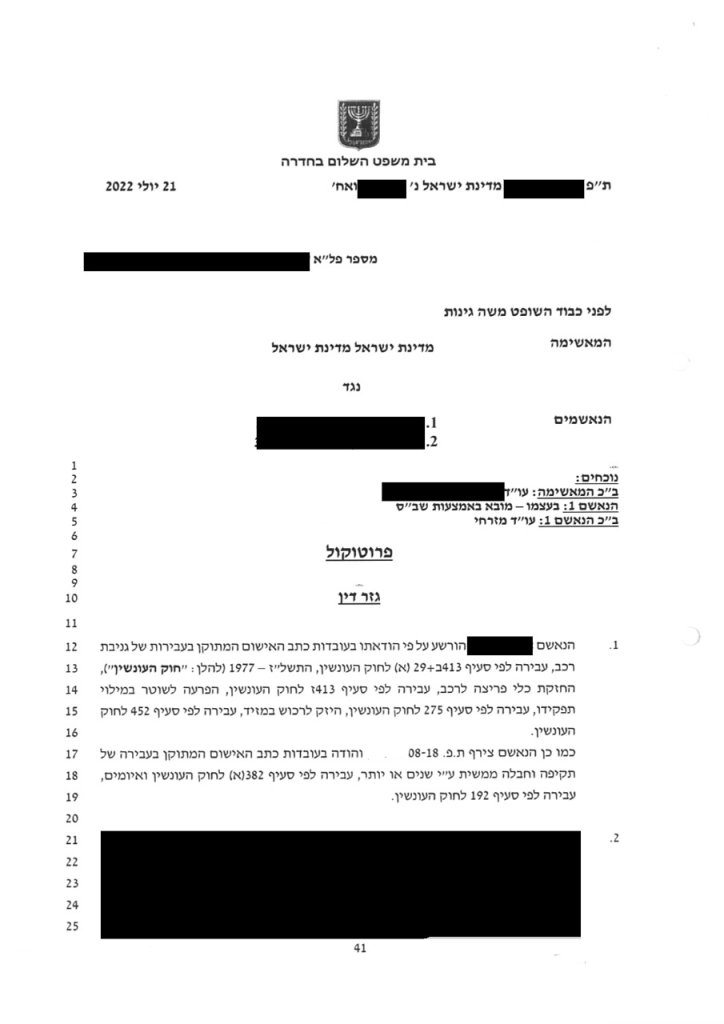 תשעה חודשי עבודות שירות נגזרו על לקוח המשרד שהודה והורשע בשני תיקים בגין עבירות של תקיפה בנסיבות מחמירות, איומים, גניבת רכב, החזקת כלי פריצה הפרעה לשוטר במילוי תפקידו והיזק לרכוש.
