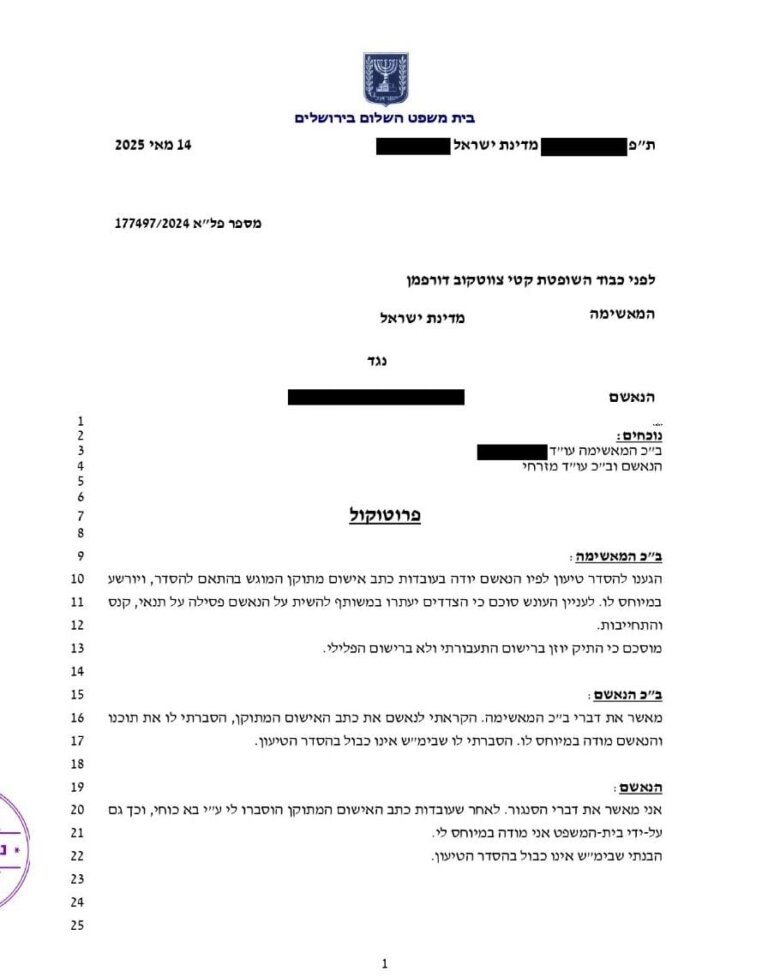 תיק פלילי בגין הפרעה לשוטר במילוי תפקידו הסתיים ללא הרשעה, פסילת רישיון על תנאי וקנס בסך 750 שקלים